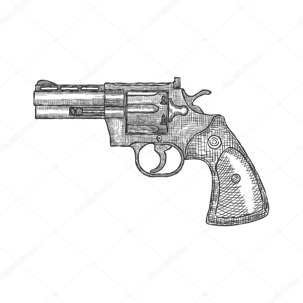 Hand Drawn Vintage Revolver Gun. Firearm, pistol sketch. Vector illustration