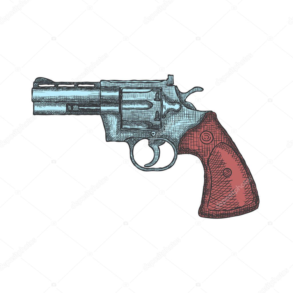 Hand Drawn Vintage Revolver Gun. Firearm, pistol sketch. Vector illustration