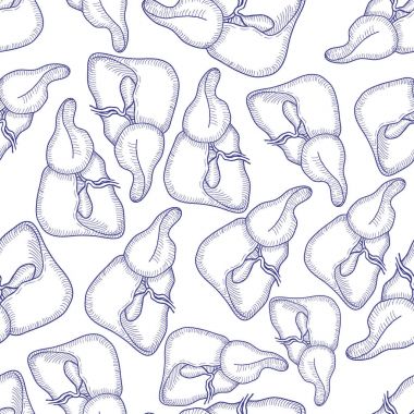 Mürekkep insan karaciğer kroki, çizilmiş desen arka plan, oyulmuş anatomik illüstrasyon sorunsuz teslim. Vektör