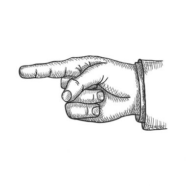 İşaret parmağı. Siyah vintage oyulmuş illüstrasyon izole beyaz bir arka plan üzerinde. Vektör