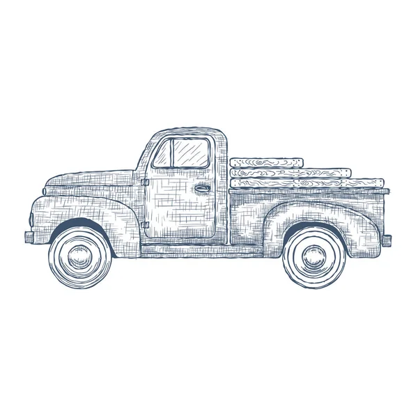 Hand getrokken gegraveerd Retro Vintage pick-up Truck. Vector — Stockvector