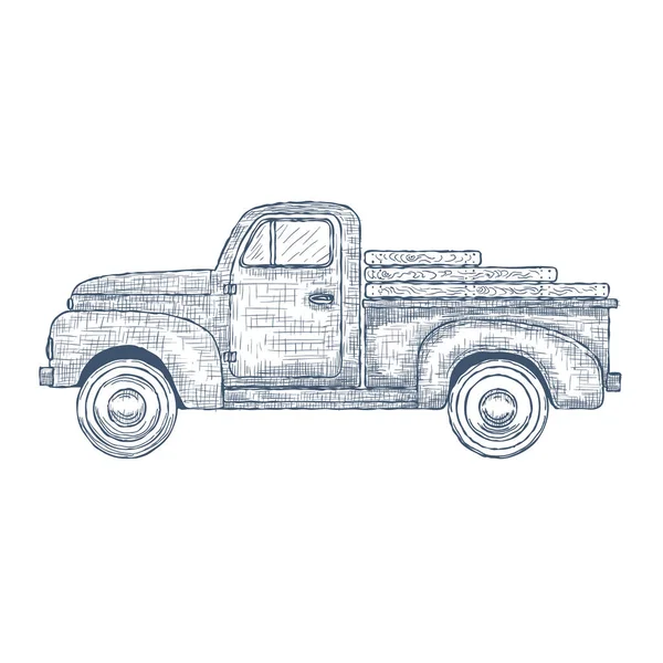 Disegnato a mano inciso Retro Vintage Pickup Truck. Vettore — Vettoriale Stock