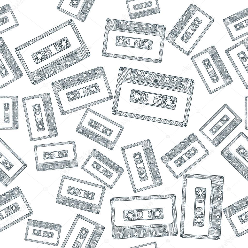Audio Cassette Tape Seamless Pattern Background. Vector