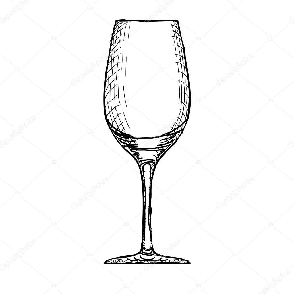 Hand Drawn Engraved Wineglass on White Background. Vector