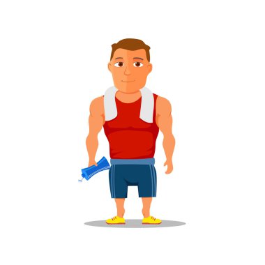 İşten sonra çizgi filmdeki adam, havlu ve su şişesiyle. Vektör