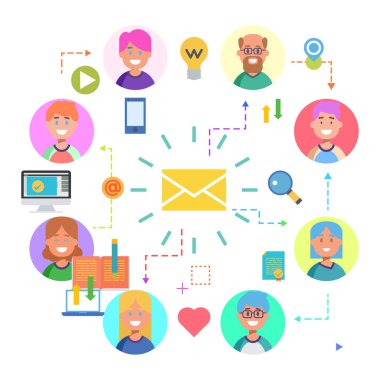 Şirket iş akışı için düz tasarım kavramları, şirket profili, e-posta pazarlama servisi, bülten, müşteri ilişkileri yönetimi, web sitesi afişi ve iniş sayfası için. Vektör