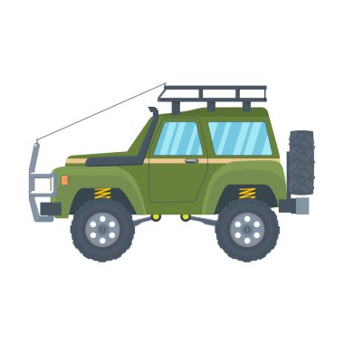 Çamur lastiği ve çatı rafı olan off-road aracı. Vektör