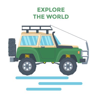 Çamur lastiği ve çatı rafı olan off-road aracı. Vektör