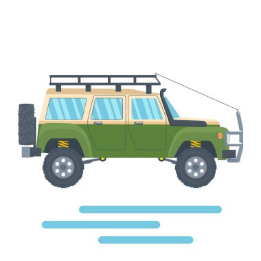 Çamur lastiği ve çatı rafı olan off-road aracı. Vektör