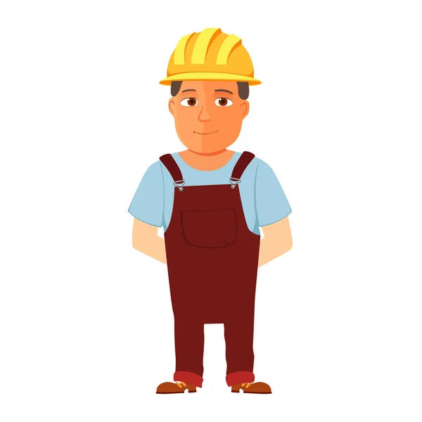 Feliz reparador de dibujos animados o trabajador de la construcción con sombrero de seguridad. Vector — Archivo Imágenes Vectoriales