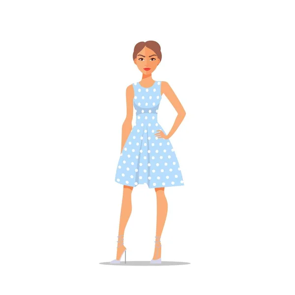 Personaje de Cartoon Woman en vestido de lunares aislado sobre fondo blanco. Vector — Vector de stock