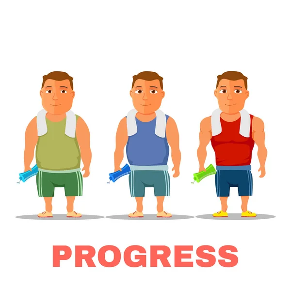 卡通人物适合进步，在锻炼后，用毛巾和水瓶。 B.病媒 — 图库矢量图片