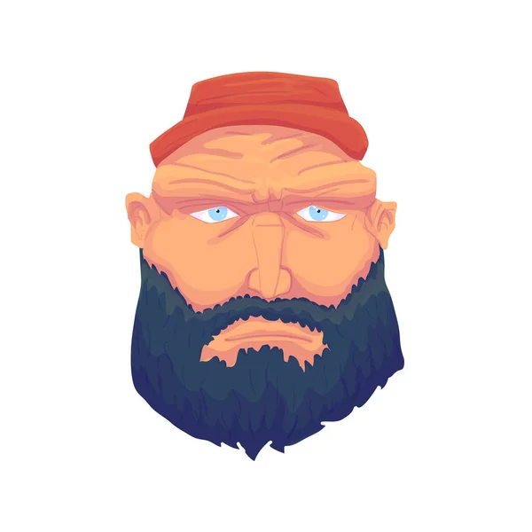 Cartoon Brutal Man Face με γενειάδα και κόκκινο καπέλο. Διάνυσμα — Διανυσματικό Αρχείο