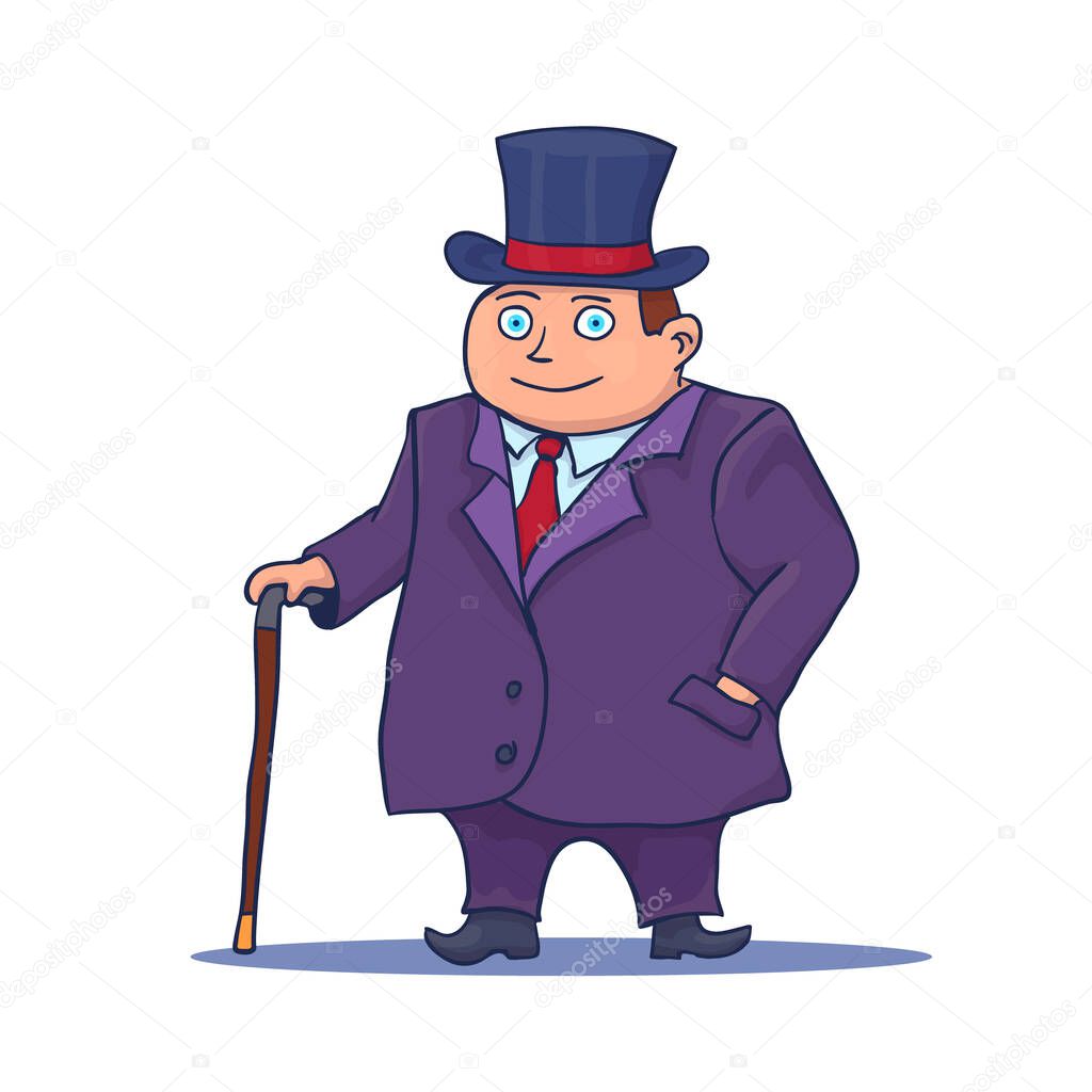Cartoon Businessman Character with Cane and Top Hat. Vector