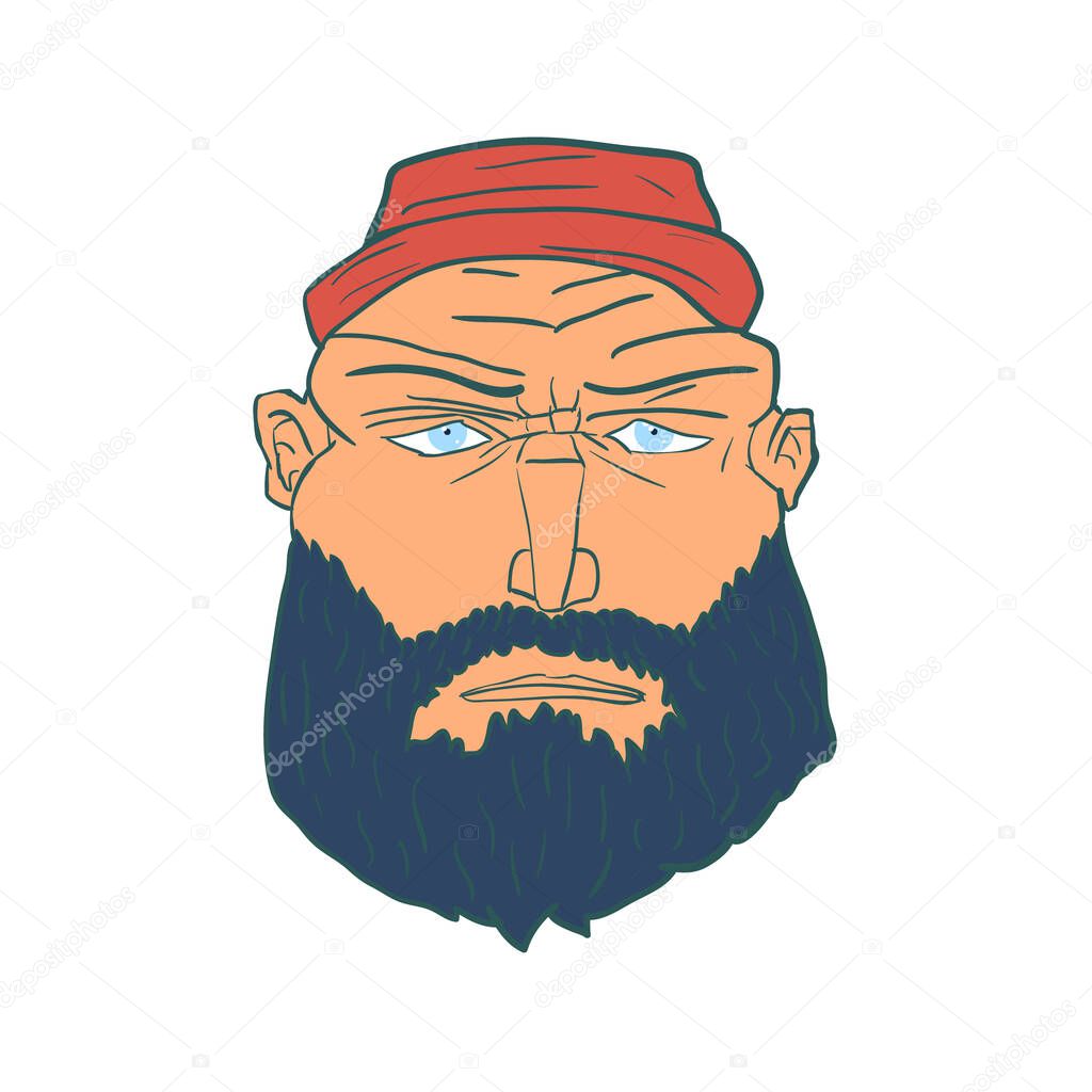 Cartoon Brutal Man Face with Beard and Red Hat. Vector