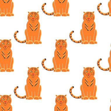 Kusursuz Kaplan Şablonu Arkaplanı. Çizgili paltolu muhteşem egzotik etobur hayvan. Zarif, büyük, vahşi bir kedi ya da kokuşmuş. Nesli tükenmekte olan türler. Vektör