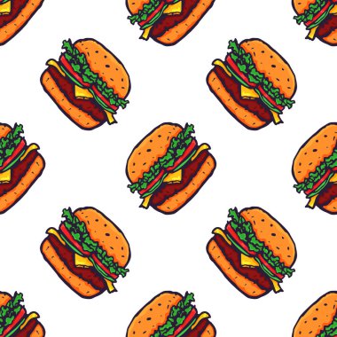 El Çizimi Burger Kusursuz Desenli Arkaplan. Vektör
