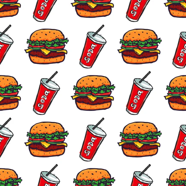 El Çizimi Burger ve Soda İçeceği Kusursuz Desen Arkaplan. Vektör — Stok Vektör