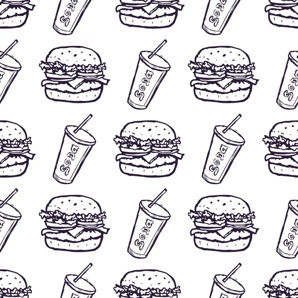 El Çizimi Burger ve Soda İçeceği Kusursuz Desen Arkaplan. Vektör — Stok Vektör