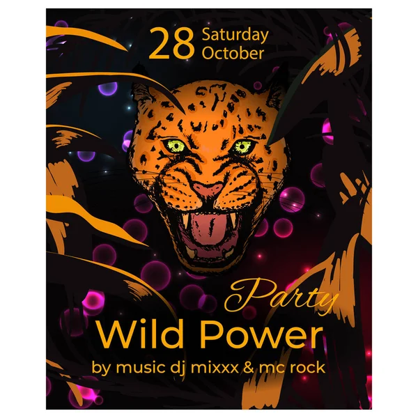 Wild Power Party slogan Poster met Amur Leopard gezicht. Vector — Stockvector