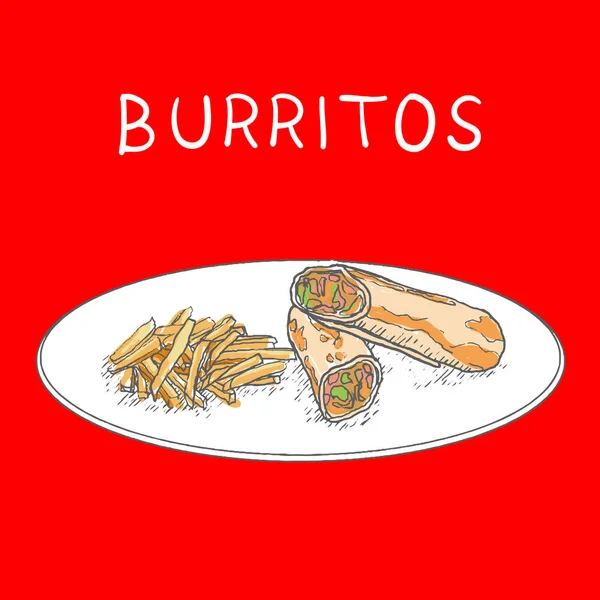 Burritos con papas fritas dibujadas a mano sobre fondo blanco. Vector — Vector de stock