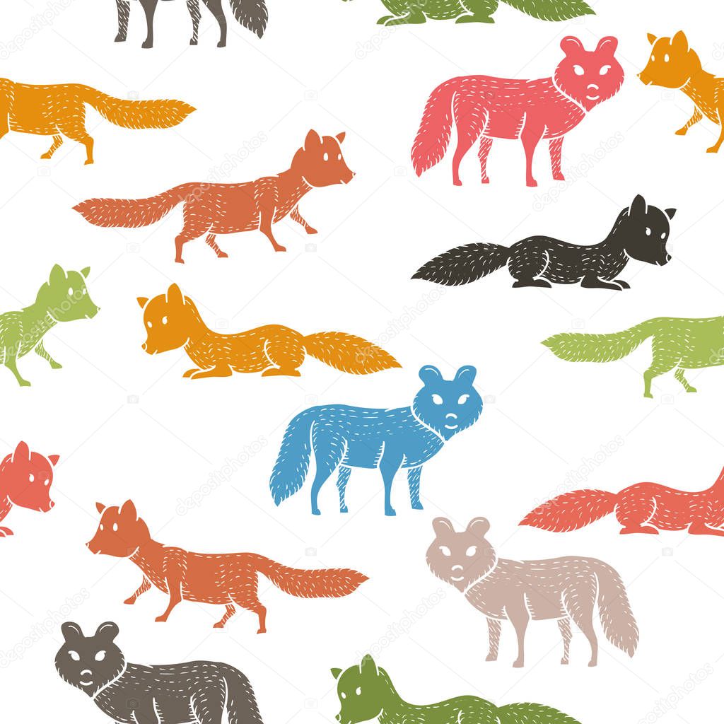 Seamless pattern with companion dogs or wolves or foxes on white background. Backdrop with funny purebred pet animals of various types. Flat cartoon vector illustration for wallpaper, fabric print