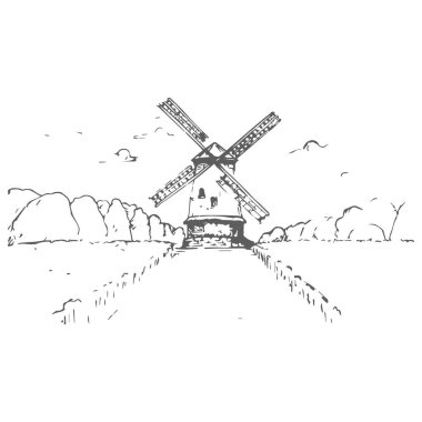 El çizimi Windmill Makarnası veya Spagetti Etiketi paket tasarımı. Vektör