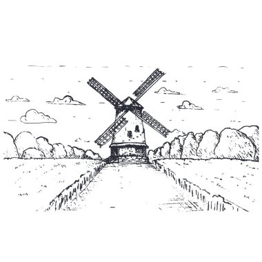 El çizimi Windmill Makarnası veya Spagetti Etiketi paket tasarımı. Vektör