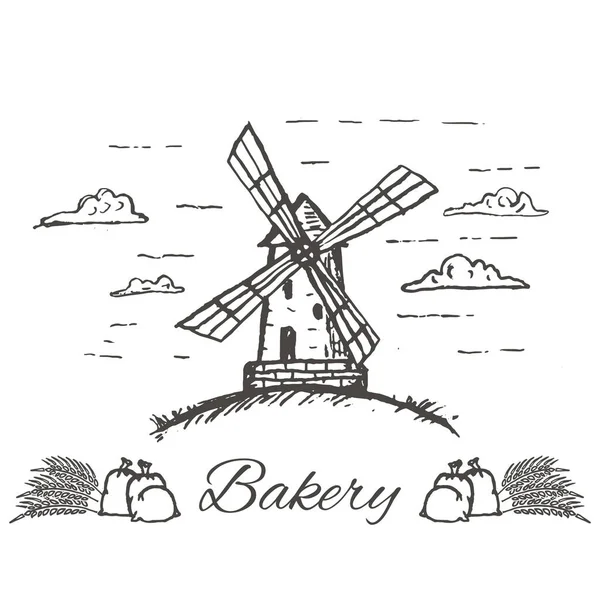 Vector mão desenhada logotipo padaria, distintivo, emblema. Moinho de vento, moinho de lama ilustração. Vetor — Vetor de Stock
