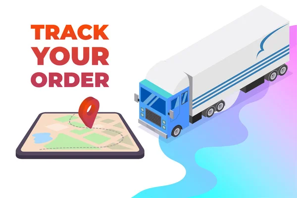Order Tracking App for Tablet or Smartphone with isometric Truck with Trailer. Vektor — Stockový vektor