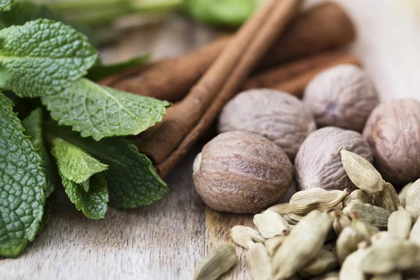 Cardamon, Nutmeg, Mint and Cinnamon — Stock Photo, Image