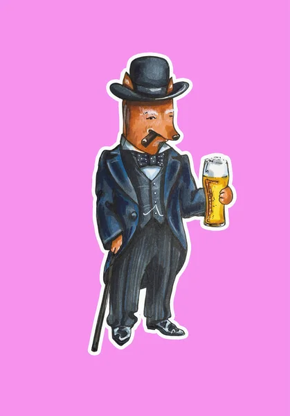 Humanized fox character in a suit with a glass of beer on an isolated background. Hand painted illustration