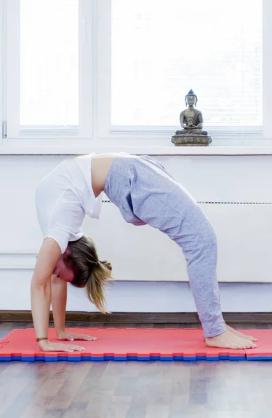 Junge Frau Brückenposition — Stockfoto