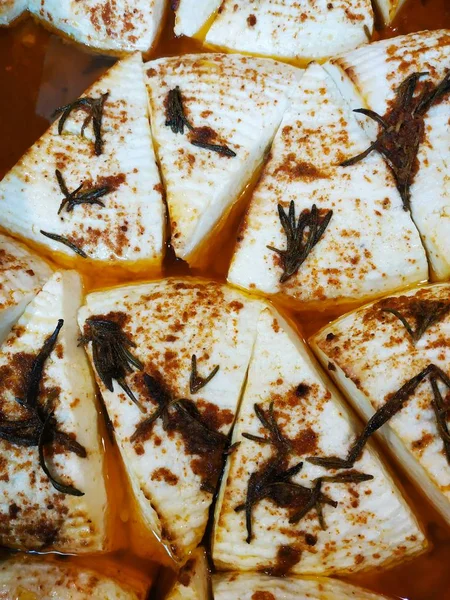Amazingly delicious dish with Adyghe cheese baked in olive oil with rosemary — Stock Image Amazingly Delicious Dish Adyghe Cheese Baked Olive Oil Rosemary Royalty Free Stock Images