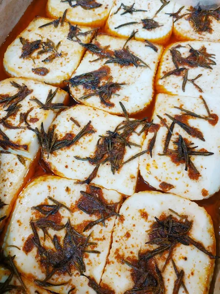 Amazingly delicious dish with Adyghe cheese baked in olive oil with rosemary — Stock Image Amazingly Delicious Dish Adyghe Cheese Baked Olive Oil Rosemary Stock Photo
