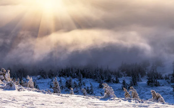 Solen över vintern bergen, snötäckta. — Stockfoto