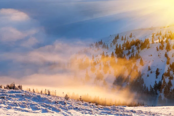 Sol sobre montañas de invierno, cubiertas de nieve . — Foto de Stock
