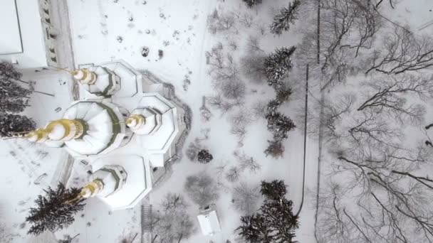 St. Michael Vydubitsky męski klasztor w Kijowie, Ukraina. Latanie na helikopter nad Kościołem na tle Kijowa i Dniepru. Zobacz Aeril — Wideo stockowe