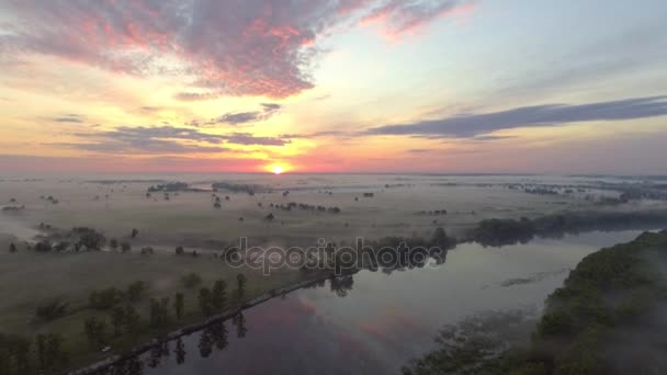 Aerial view of the dawn over the river in the fog — Stock Video