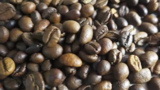 Qualidade do café torrado grão para derramar na mesa, câmera lenta — Vídeo de Stock