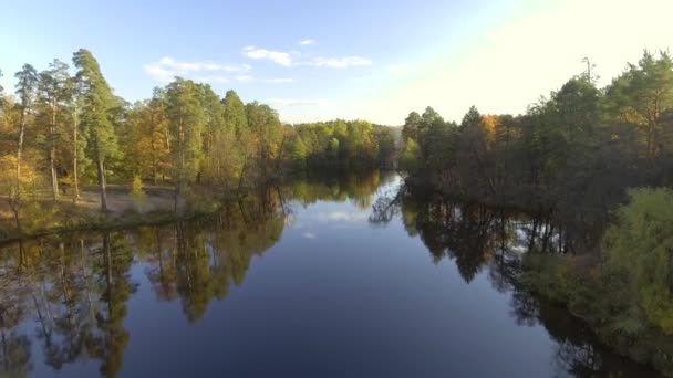 Vliegen over het meer. Herfst landschap — Stockvideo