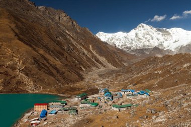 Himalayalar. Yüksek tepeler ve göl Everest uzak olmayan Gokyo Ri, Nepal dağlar, kar kaplı.
