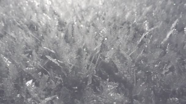 Formaciones heladas de copos de nieve. Cristales de agua congelados que cubren la manta de nieve en frío — Vídeos de Stock