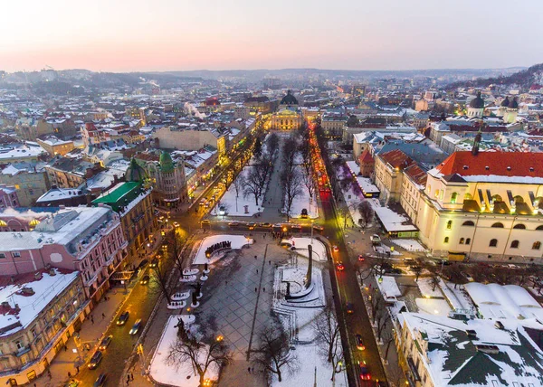 Aerial Old City Lviv, Central part of old city. European City. Lviv Opera. Ukraine. — Stock Photo, Image