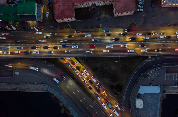 Rising drone shot reveals spectacular elevated highway, bridges, transportation — Stock Photo, Image