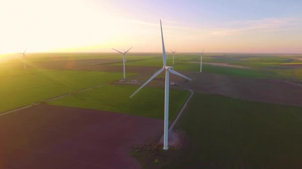 Parc éolien sur beau paysage nocturne. Production d'énergie renouvelable pour un monde écologique vert. Vue aérienne du parc des éoliennes le soir — Video