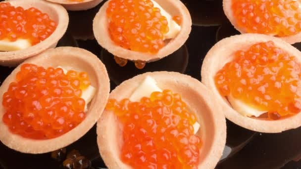 Close-up caviar de salmão panorâmico. Delicatessen. Frutos do mar — Vídeo de Stock