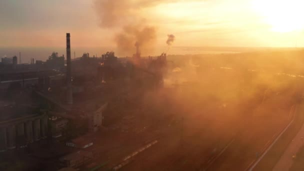 Aerial. GLOBAL WARMING. View of high chimney pipes with grey smoke. — Stock Video