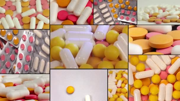 Primo piano di diverse pillole che cadono sul tavolo con compresse, concetto di industria farmaceutica — Video Stock