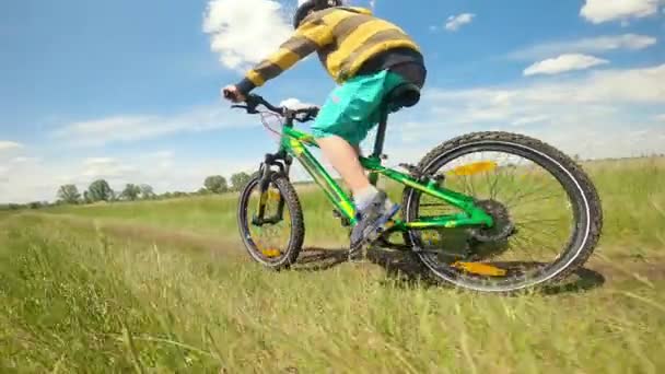 Little boy riding bicycle on rural road. Summer lifestyle moment of a happy childhood. — Stock Video